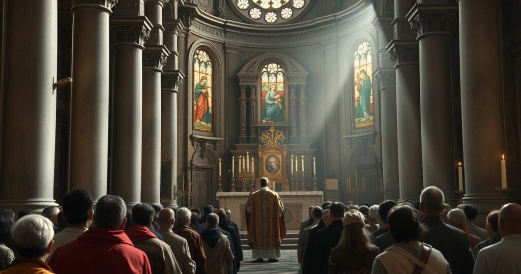 Zdjęcie kościoła katolickiego z odprawiającym kapłanem podczas Eucharystii, z ubogimi i imigrantami w modlitewnym skupieniu, w starożytnej architekturze z pogańskimi korzeniami, ukazujące zakłamanie modernistycznej liturgii