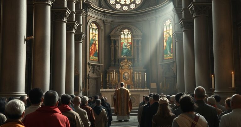 Zdjęcie kościoła katolickiego z odprawiającym kapłanem podczas Eucharystii, z ubogimi i imigrantami w modlitewnym skupieniu, w starożytnej architekturze z pogańskimi korzeniami, ukazujące zakłamanie modernistycznej liturgii