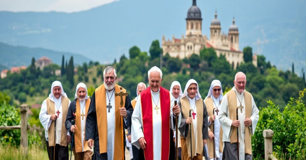 Starsi pielgrzymi katoliccy w towarzystwie księdza w tradycyjnych ornatach spacerują przez malowniczy krajobraz, symbolizując 40-letnią podróż Albatros Travel.