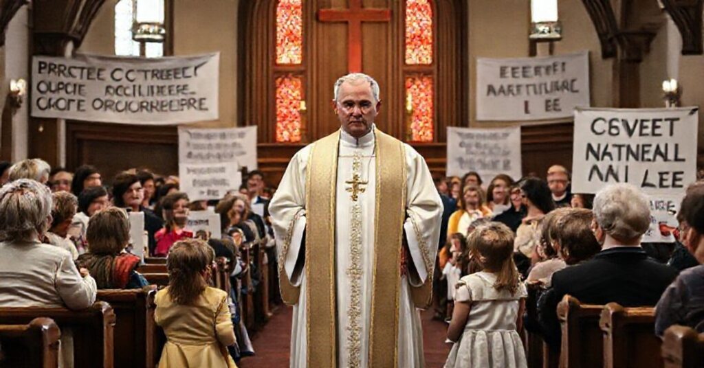 Ksiądz w tradycyjnym stroju liturgicznym stoi przed grupą rodziców i dzieci w kościele, z transparentami "Chronić naszych dzieci" i "Obronić prawo naturalne". Scena odzwierciedla walkę z ideologią genderową w Albercie.