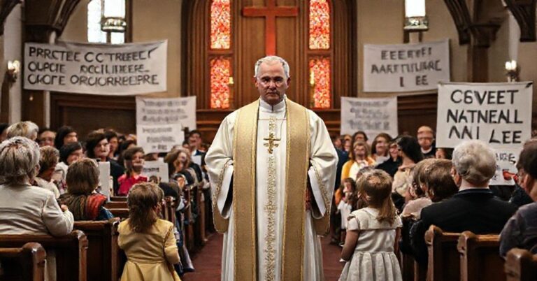 Ksiądz w tradycyjnym stroju liturgicznym stoi przed grupą rodziców i dzieci w kościele, z transparentami "Chronić naszych dzieci" i "Obronić prawo naturalne". Scena odzwierciedla walkę z ideologią genderową w Albercie.