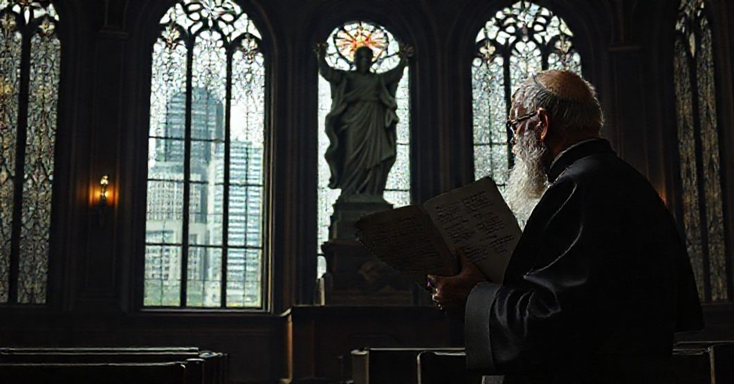 Stary ksiądz modli się w tradycyjnym kościele katolickim przed posągiem Chrystusa Króla, podczas gdy zewnętrzne budynki rządowe symbolizują światowe władze. Scena podkreśla duchową walkę między sakralną a świecką władzą.