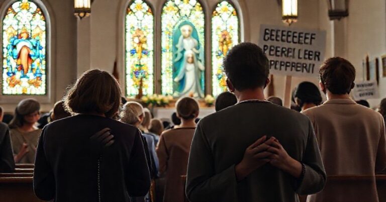 Zdjęcie przedstawiające grupę katolików modlącyh się w tradycyjnym koście z witrażami na tle kontrowersji w Albercie.