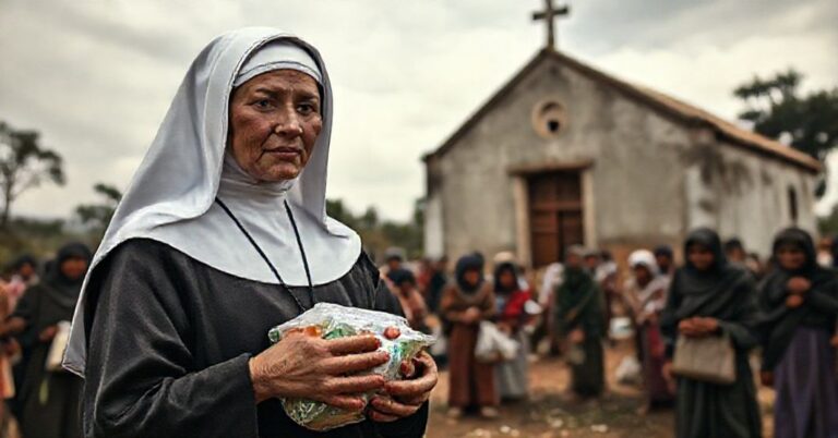Cechy obrazu: tradycyjna zakonnica w habicie pomaga mieszkańcom Boliwii w miejscu dotkniętym produkcją narkotyków, z widocznym kontrastem między pomocą materialną a głęboką duchową pustką.