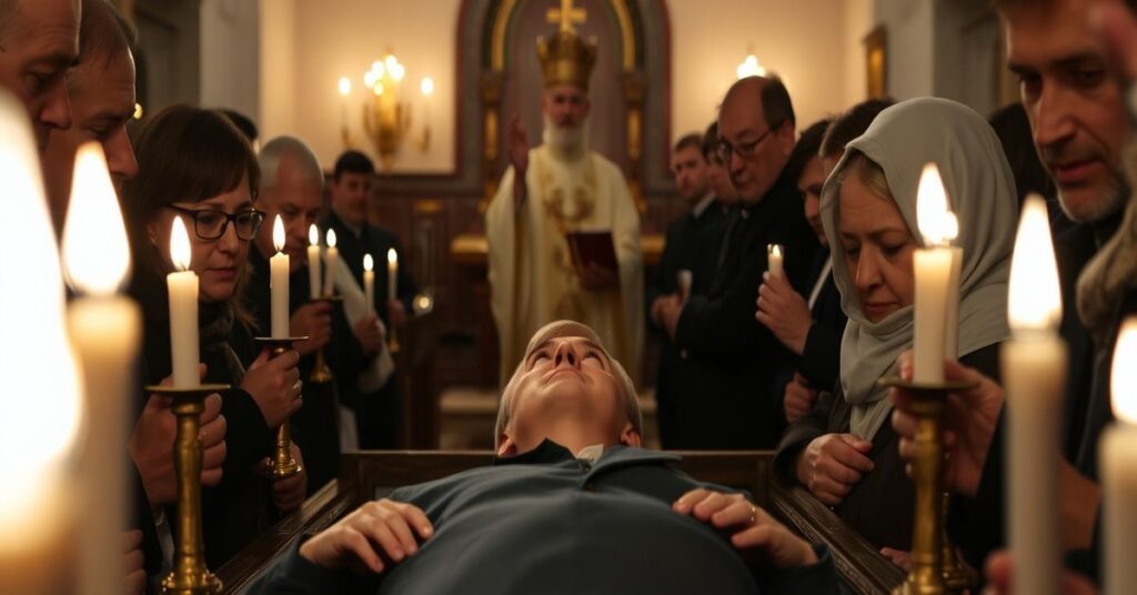 Poczwórny portret Aleksieja Nawalnego w tradycyjnym cerkiewnym wnętrzu z księdzem odprawiającym mszę pogrzebową.