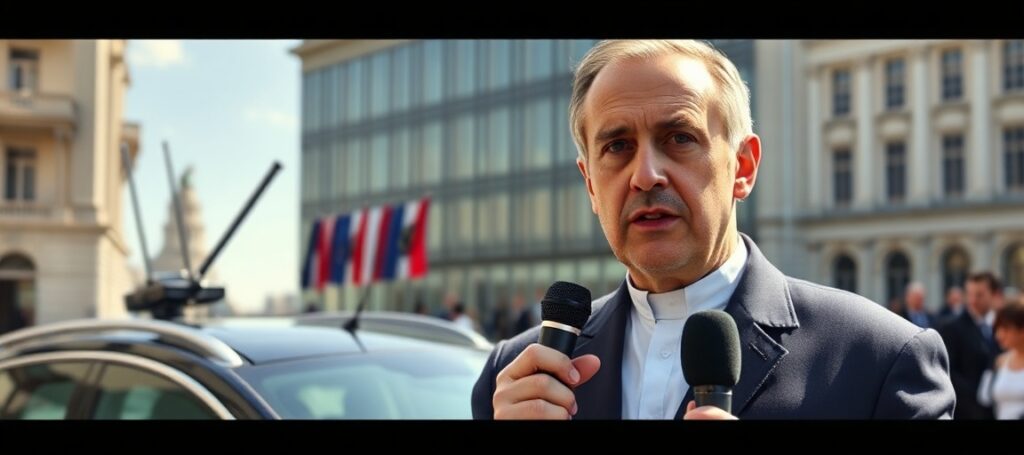 Alessandro Gisotti przed budynkami Unii Europejskiej w Brukseli, przemawiający o radiu w samochodach - symbolizuje modernistyczne odrzucenie Królestwa Chrystusa