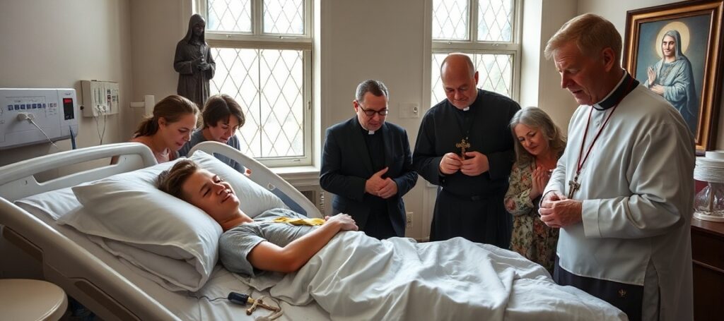 Zdjęcie przedstawiające młodego Alex Lyncha w szpitalnym łóżku otoczonego rodziną i przyjaciółmi z Benedictine College. Scena jest pełna żalu i wiary.