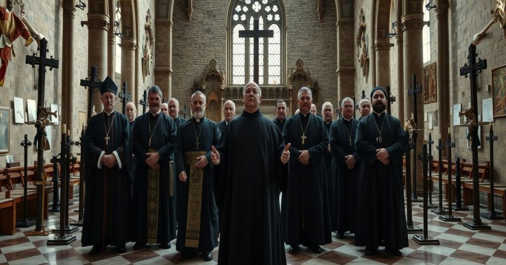 Scena przedstawiająca tragiczne zniekształcenie pojęcia męczeństwa wśród algierskich 'męczenników', z grupą modernistów w kościelnym wnętrzu.