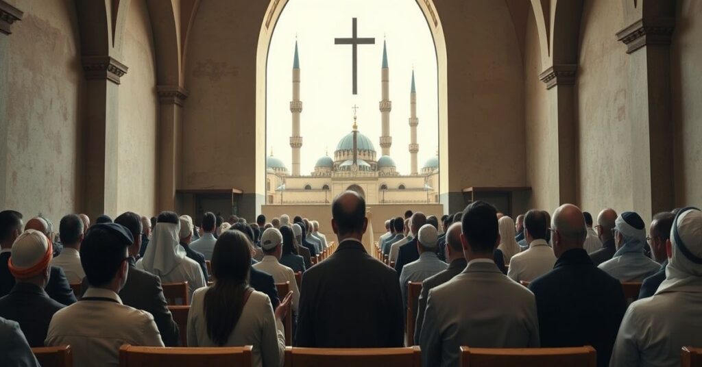 Tradycyjny katolicki rycin przedstawiający ritual w Algierii z małym zebraniem złożonym z ekspatriantów i studentów obcych podczas modernistycznej liturgii w skromnej kaplicy. Scena kontrastuje z wysokimi minaretami pobliskich meczetów, symbolizując duchową poddałość Kościoła islamowi. Atmosfera pełna jest milczącego smutku, pustych ławek i braku miejscowych wiernych algierskich, podkreślając porażkę powszechnego dialogu po Soborze Watykańskim II i porzucenie ewangelizacji.