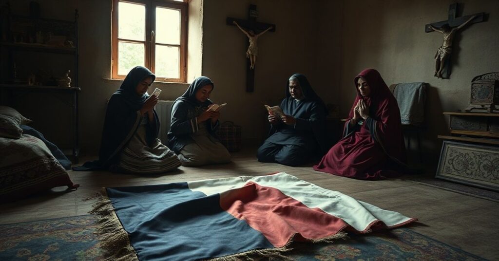 Rodzina algierska w tradycyjnych ubraniach modli się w domu z fotografiami z czasów kolonialnych przy krzyżu. Scena podkreśla potrzebę duchowego pojednania i sprawiedliwości w świetle nauki katolickiej.