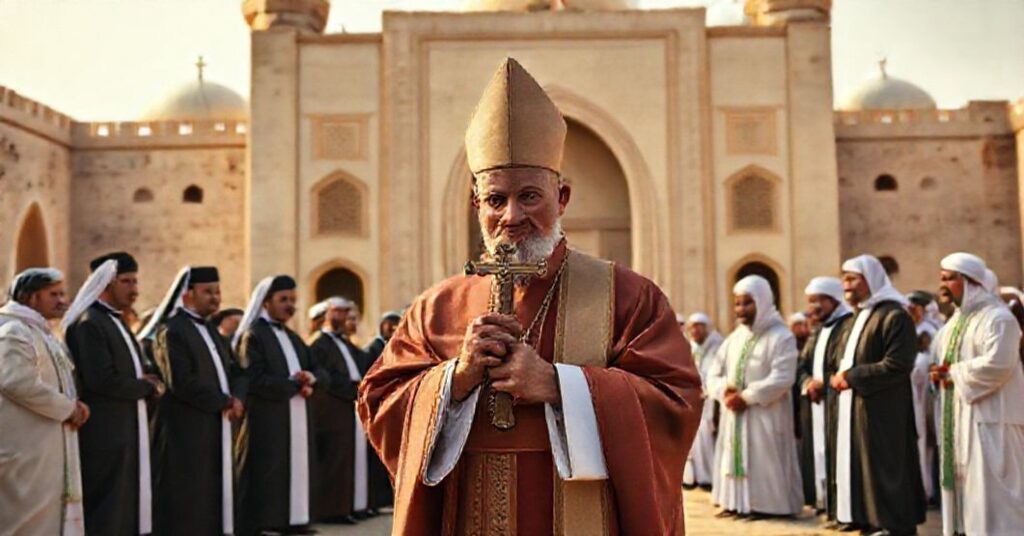 Tradycyjny katolicki biskup stojący przed meczetem w Algierze z krzyżem w ręku, obecny podczas dialogu z muzułmańskimi liderami, symbolizujący zdradę misji Kościoła.