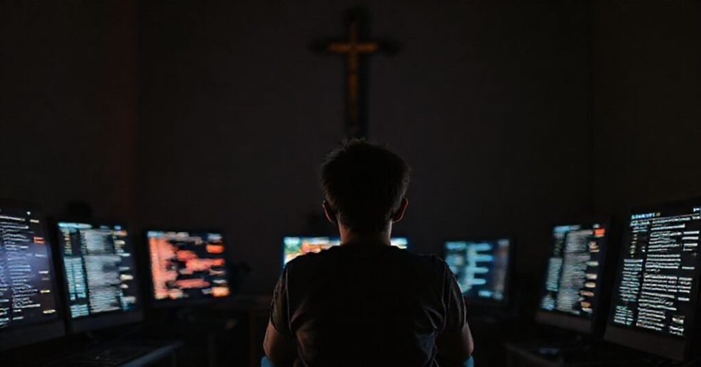 Młody człowiek siedzący samotnie w ciemnym pokoju otoczony błyszczącymi ekranami wyświetlającymi algorytmy i zniekształconą informację.