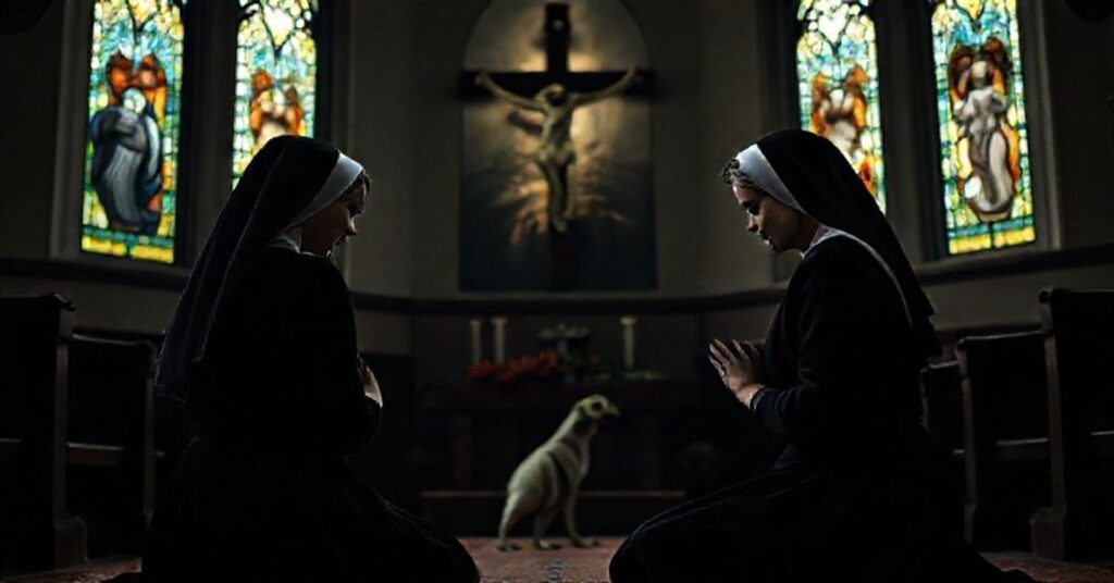 Alice i Ellen Kessler w modlitwie przed krzyżem w kościele