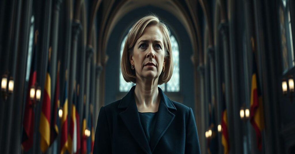 Portret Alice Weidel, liderki niemieckiej partii AfD, w tradycyjnym europejskim wnętrzu z symbolami nacjonalizmu i skąpo widocznymi elementami katolickimi, przedstawiającym krytykę jej polityki i zapierczenia Chrystusowi-Królowi.