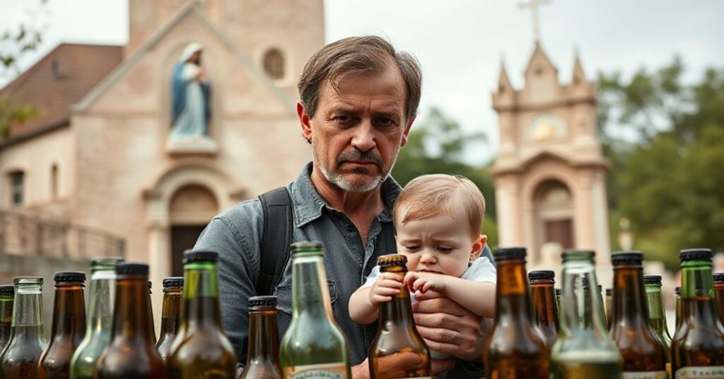 Zdjęcie przedstawiająca 40-letniego mężczyznę pod wpływem alkoholu trzymającego dziecko w parku publicznym z pustymi butelkami piwa wokół.