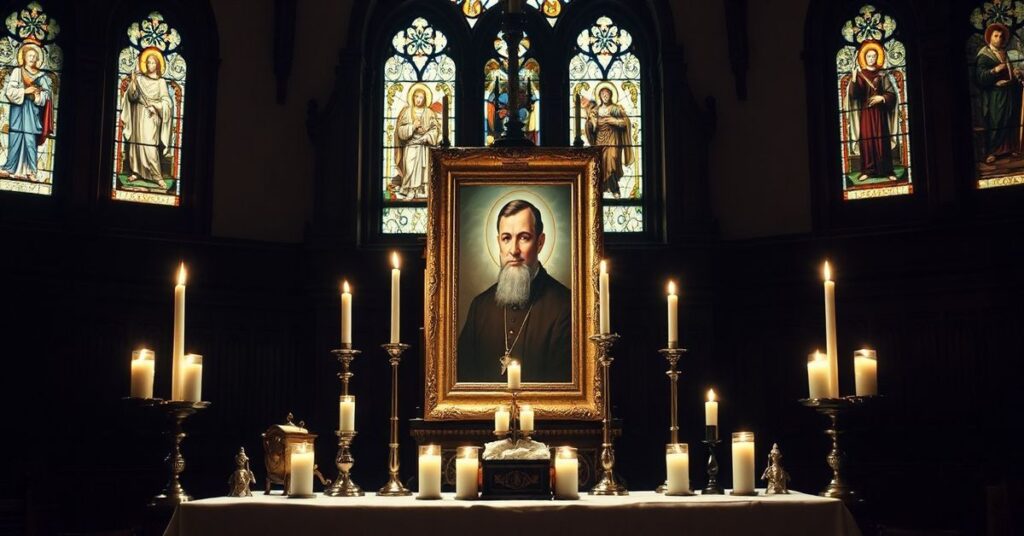 Tradycyjny katolicki ołtarz z portretem ks. Jerzego Popiełuszki otoczonego zapalonymi świecami i przedmiotami religijnymi.