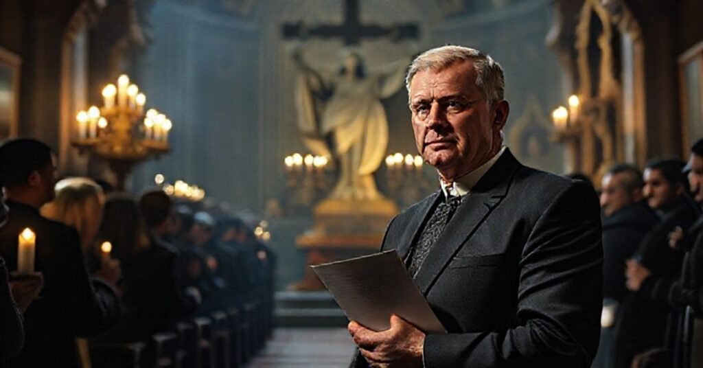 Ambassador Krzysztof Krajewski stoi w tradycyjnym katolickim wnętrzu z figurą Chrystusa Króla w tle.