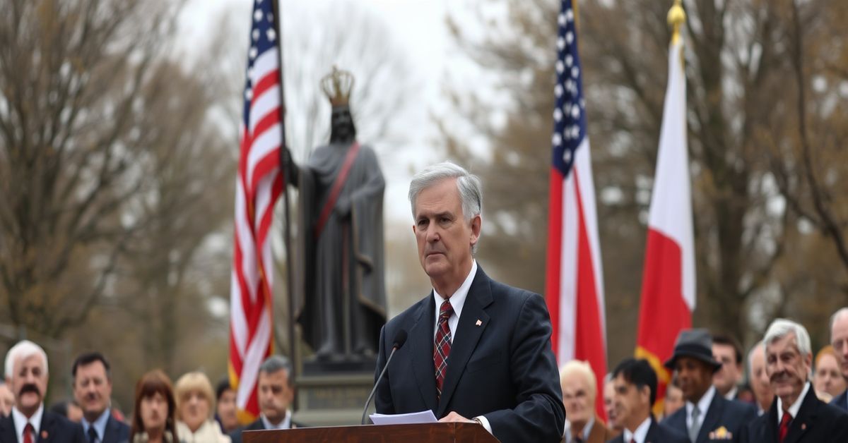 Ambasador USA Thomas Rose wygłasza przemówienie na Kopcu Kościuszki w Krakowie, z tłem wizerunku Chrystusa Króla; symbolizuje konflikt między katolicyzmem a amerykańską retoryką.