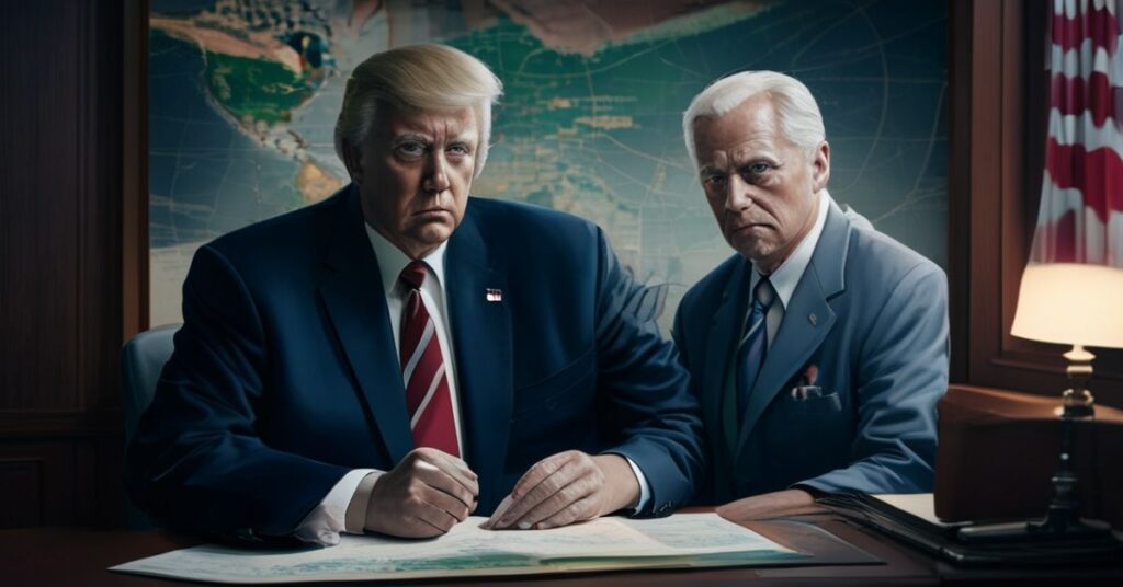 Obraz przedstawiający Donalda Trumpa i premiera Norwegii Jonasza Gahra Stoere w gabinecie dyplomatycznym, symbolizujący konflikt ambicji politycznych z Królestwem Chrystusa