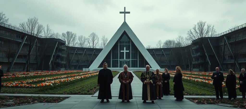 Widok kontrowersyjnego Ambrozjańskiego Klasztoru w Mediolanie z trójkątnym kościołem bez krzyża i Ogrodem Religii
