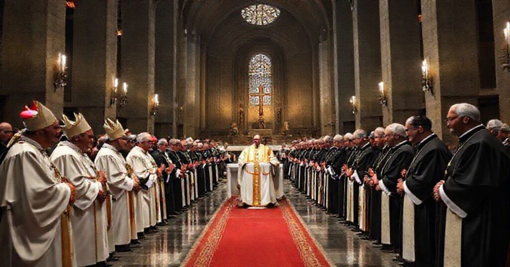 Zgromadzenie amerykańskich biskupów pod przewodnictwem George'a Weigela i Timothy'ego Broglio w nowoczesnym kościele, prezentujące fałszywą jedność wobec Bergoglio