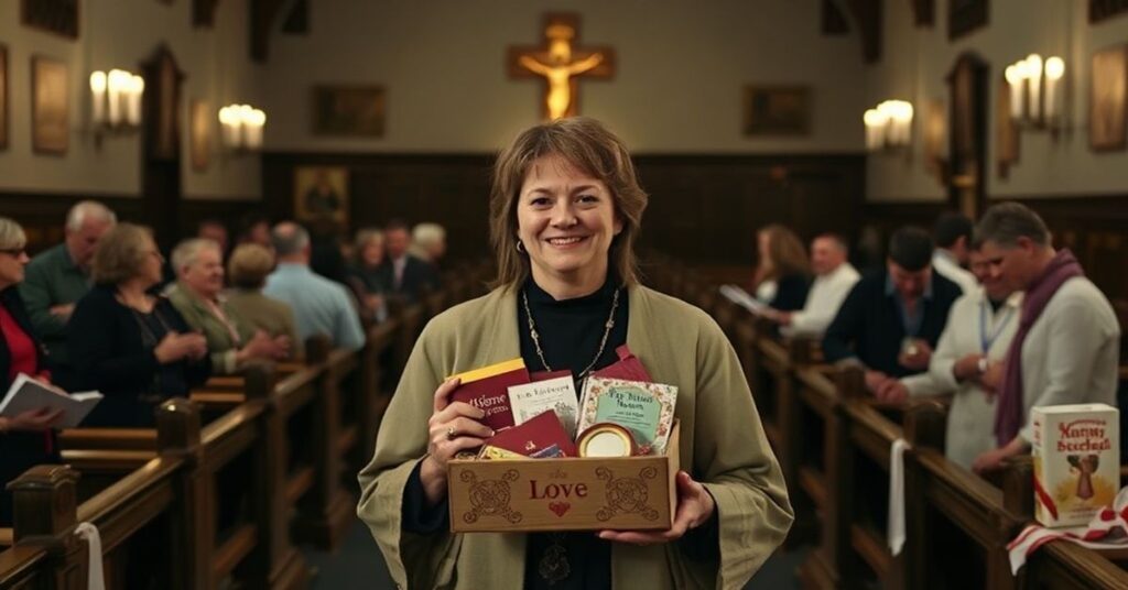 Scena przedstawiająca Amę Ford z organizacji Embrace Grace w protestanckim kościele otoczoną symbolami ekumenicznymi. Trzyma Love Box z książkami i prezentami nie-sakramentalnymi. Na tle widoczny jest słabo widoczny krzyż.