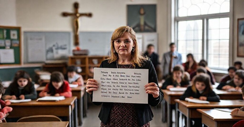 Portret nauczycielki Amy McKay broniącej prawdy o człowieku w klasie z krzyżem i bibliami.