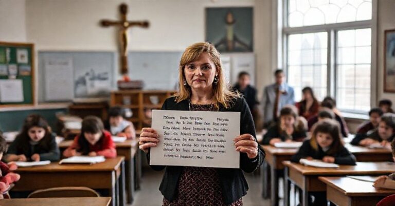 Portret nauczycielki Amy McKay broniącej prawdy o człowieku w klasie z krzyżem i bibliami.