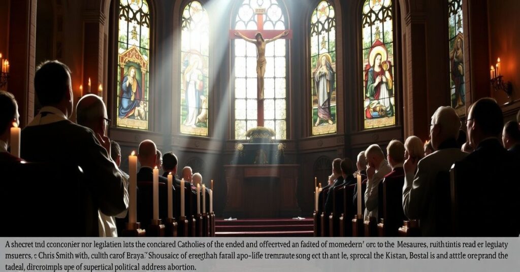Półmroczne wnętrze kościoła z księdzem modlącym się przed krzyżem i grupą katolików dyskutujących o fałszywych obrony życia