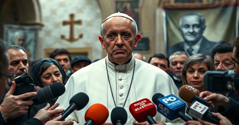 Realistyczne zdjęcie przedstawiające "papieża" Leona XIV podczas rozmowy z dziennikarzami w Castel Gandolfo. Tło sugeruje apostazję poprzez rozmyte symbole religijne i sekularyzację.