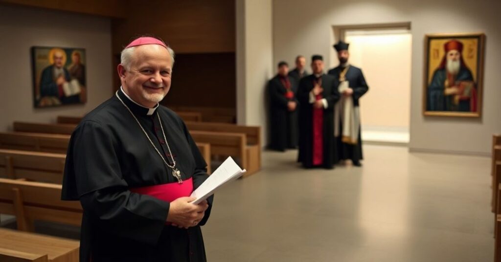 Obraz przedstawiający rzekomego kardynała Andersa Arboreliusa w nowoczesnym kościele w Sztokholmie otoczonego heretykami podczas Tygodnia Ekumenicznego