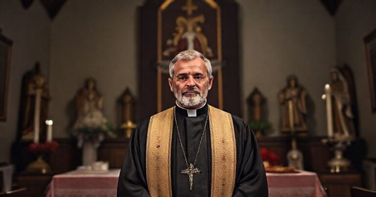 Obraz przedstawia byli "księdza" Andre Mahanna w sutannie przed ołtarzem w tradycyjnym kościele katolickim, z banerem organizacji Saint Rafka Mission of Hope and Mercy.