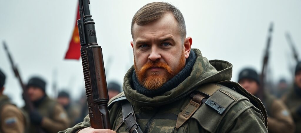 Portret Andrija Lubki przed zniszczonym kościołem katolickim na tle wojny w Ukrainie