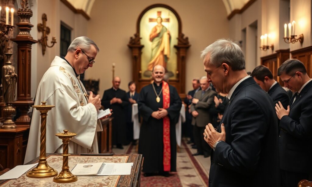 Andrzej Anuszkiewicz w oratorium swojej firmy z relikwiami Błogosławionego Jerzego Popiełuszki podczas Mszą Świętą w rzcie trydenckim