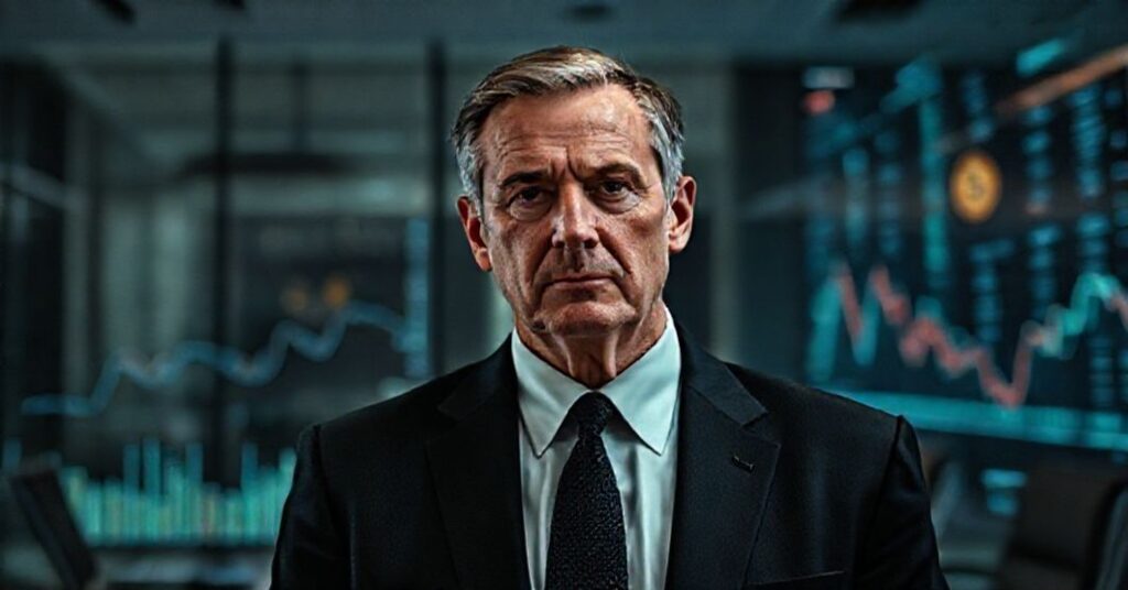 Portret polityka przed biurem fin-techu z cyfrowymi wykresami i symbolami kryptowalut na tle, symbolizujący upadek moralny i zdrady interesów narodowych.