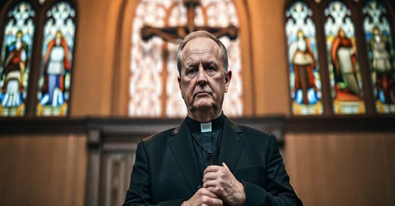 Portret byłego prezydenta Andrzeja Dudy przed tradycyjnym kościołem katolickim, symbolizujący napięcie między władzą polityczną a odpowiedzialnością moralną z perspektywy sedewakantystów.