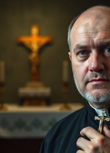 Andrzej Poczobut - więzień sumienia i duchowa próżnia Andrzej Poczobut w więziennym pomieszczeniu z krzyżem w ręku, symbolizujący duchową pustkę bez prawdziwego Kościoła