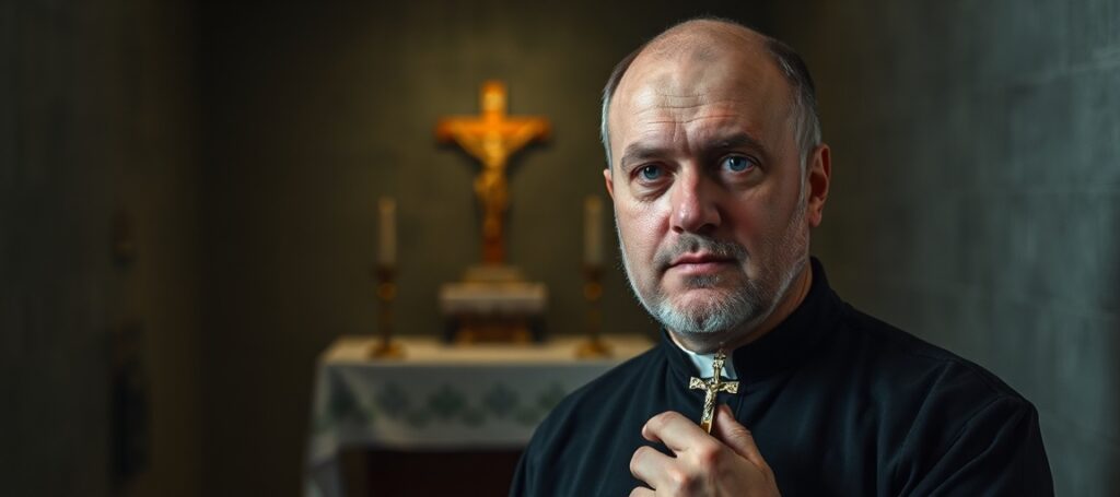 Andrzej Poczobut w więziennym pomieszczeniu z krzyżem w ręku, symbolizujący duchową pustkę bez prawdziwego Kościoła