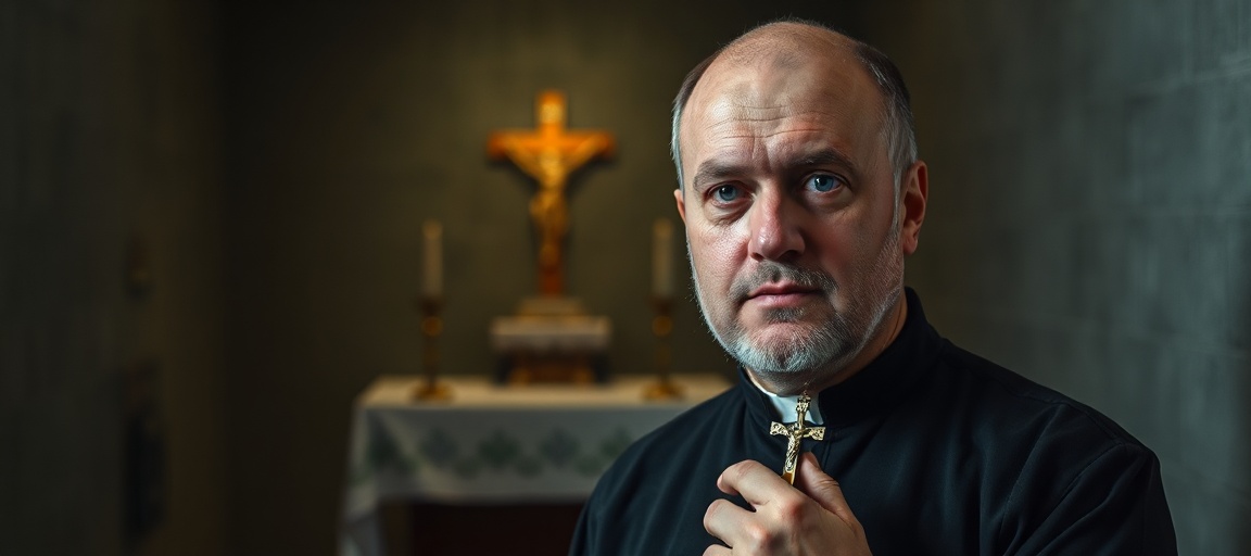 Andrzej Poczobut - więzień sumienia i duchowa próżnia Andrzej Poczobut w więziennym pomieszczeniu z krzyżem w ręku, symbolizujący duchową pustkę bez prawdziwego Kościoła