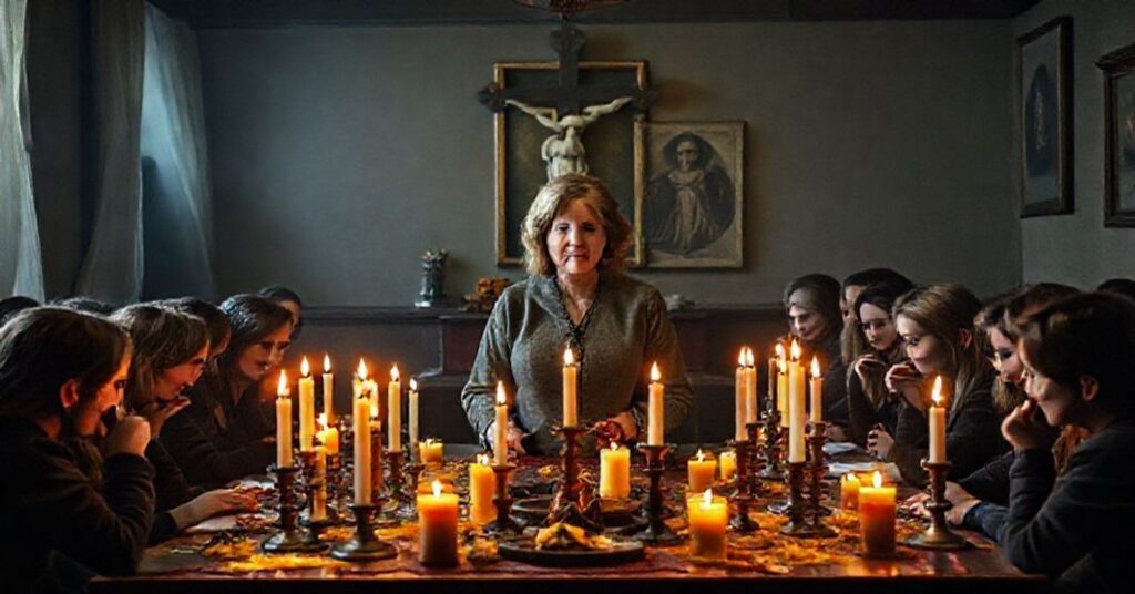 Scena klasowa z uczniami podczas wróżb andrzejkowych, dr Małgorzata Więczkowska ostrzega przed pogańskimi praktykami.