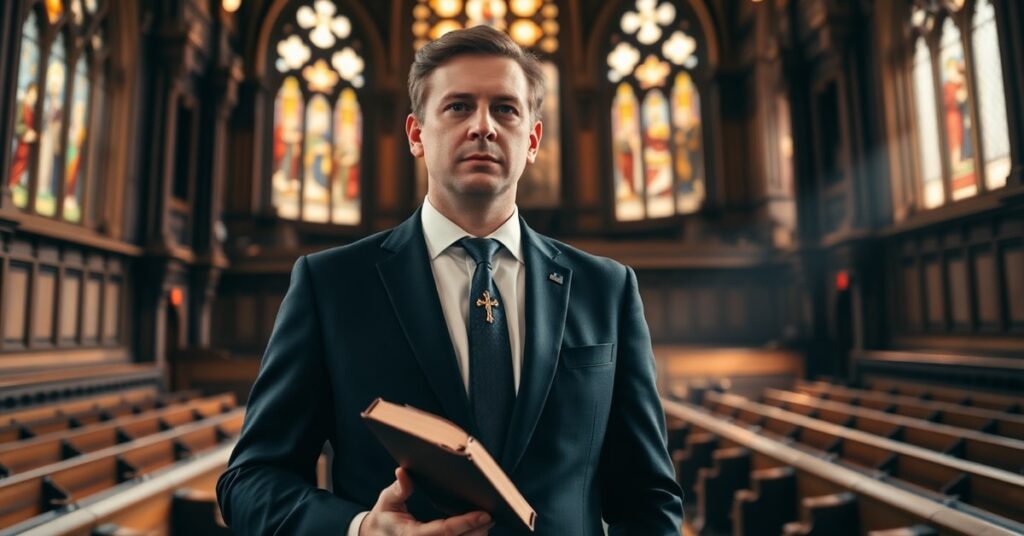 Portret Andy'ego Burnhama w brytyjskiej Izbie Gmin z krucyfiksem i Biblią w ręce