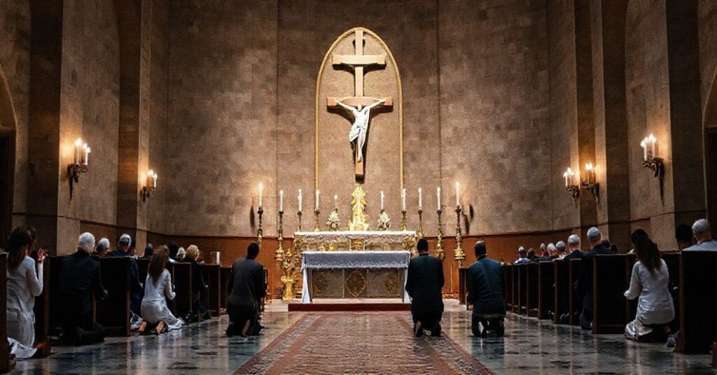 Ołtarz katolicki z krzyżem i wiernymi modlącymi się podczas modlitwy Anioł Pański