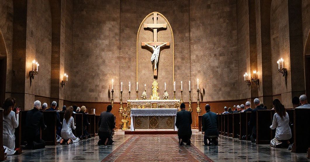 Ołtarz katolicki z krzyżem i wiernymi modlącymi się podczas modlitwy Anioł Pański