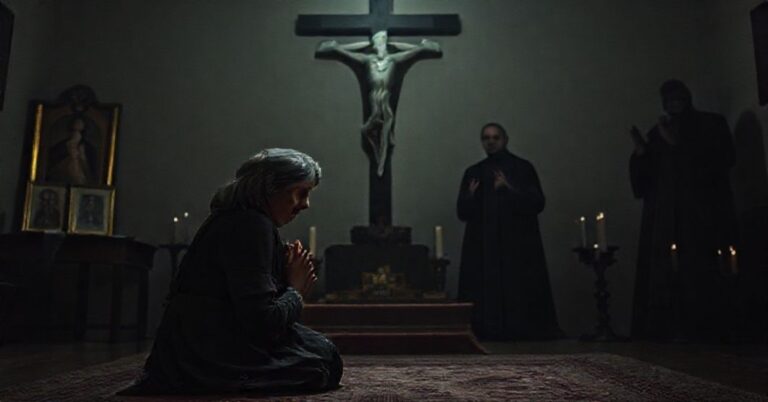 Anna Golędzinowska w modlitwie przed krzyżem, otoczona wzruszeniem i niepokojem w związku z fałszywymi egzorcyzmami w Medjugorje