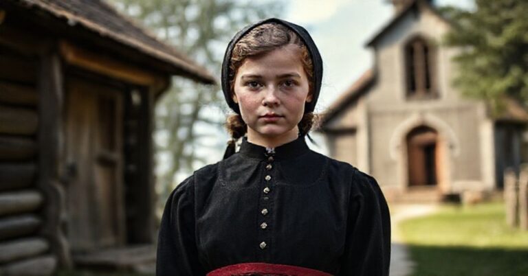 Portret Anny Kolesárovej w tradycyjnym stroju słowackim z tłem drewnianego kościoła - symbol autentycznego katolickiego męczeństwa.