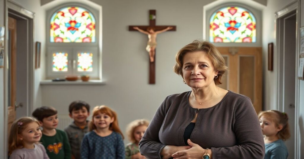 Anna Sławińska stoi w modnym holu Domu Pomocy Społecznej w Strumieniu, otoczona dziećmi z niepełnosprawnościami. Scena jest oświetlona delikatnym światłem z witraży z katolickimi motywami. Na tle widnieje krzyż, symbolizujący duchową misję domu.