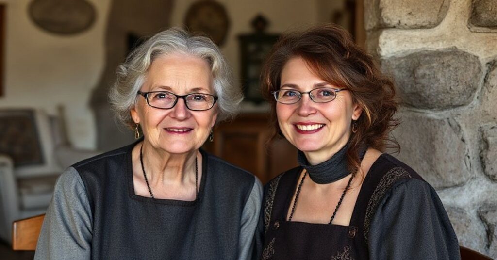 Portret Anny Świderkówny przed klasztornym murem z ruinami gotyckiej katedry na tle.