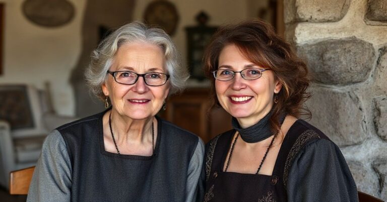 Portret Anny Świderkówny przed klasztornym murem z ruinami gotyckiej katedry na tle.