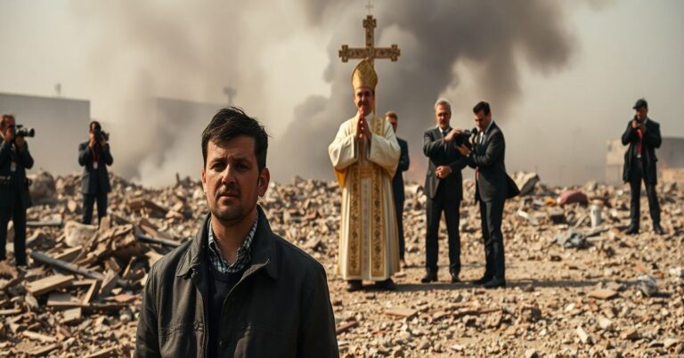 Smutny widok miejsca wybuchu w porcie w Bejrucie z ruinami i dymem na tle. William Noun stoi z poważną miną, podczas gdy ktoś przedstawiający anty-papieża Leona XIV wykonuje pozorną modlitwę otoczony kamerami i urzędnikami.