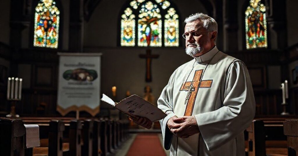 Obraz przedstawiający tradycyjnego katolickiego księcia w kościele, wyrażającego zaniepokojenie wobec modernistycznego baneru o 'ekologicznej konwersji'.